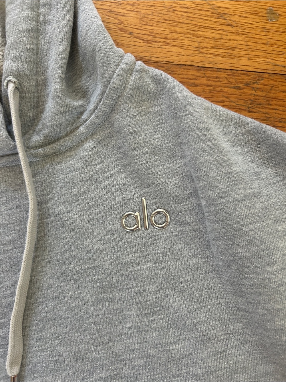 ALO Yoga Women's Light Grey Crewneck Hoodie with Silver Logo